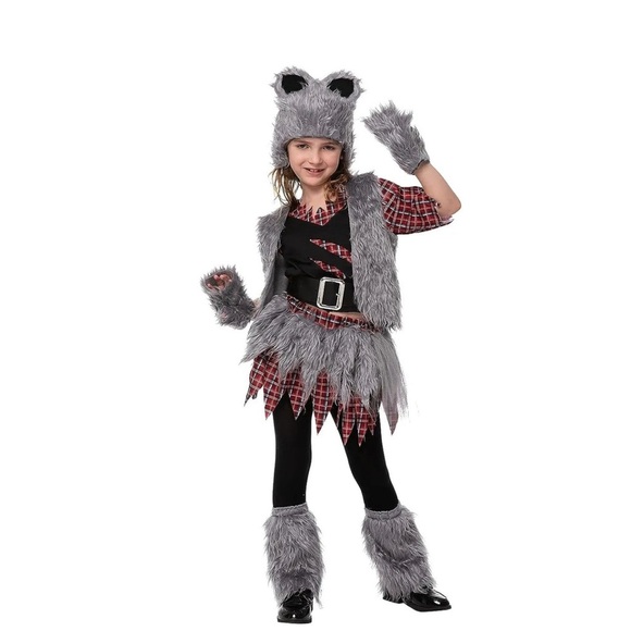 Girls Werewolf Fur Costume Size Small 5-7 Includes Hat Skirt Gloves Shoe Covers - Picture 5 of 6